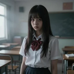 school girl on the classroom, gloomy and foggy atmosphere, octane render, cgsociety, artstation trending, horror scene, highly detailded