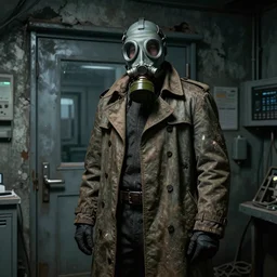 UHD hyperrealistic photorealistic detailed image of a man in a  rugged, worn trench coat wearing a gas mask, standing in front of an laboratory door, in a ruined and dark underground lab, readying himself for combat with a green/brown/gray undertone, inspired by the Stalker video game series