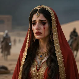 arabian princess crying blood in War scene ,digital art,ultra realistic,ultra detailed, ultra wide Lens, art by greg rutkowski