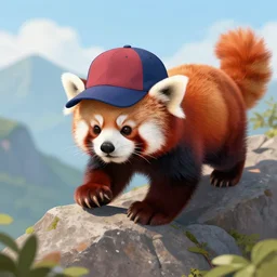 digital art of adventurous red panda wearing a baseball cap climbing a mountain