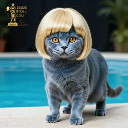 professional photo of a blue cat wearing a blonde wig by gustav klimt!!!, short hair wig, super saiyan hair cut!!, 4 legs, studio lighting, very detailed, unreal engine, canon photo!!!!, professional lighting, good composition, rule of thirds, winning award photo, real cat, real, swimming pool