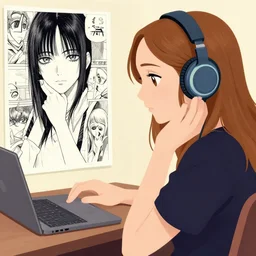 elizabeth olsen listening a music, a manga drawing by junji ito, trending on pixiv, synthetism, pixiv, flat colors, flat shading