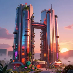 highly detailed futuristic vertical architecture by Frank Lloyd Wright and Salvador Dalí, reflective lighting, holographic, stylized vegetation, ground-level view, stunning sunny lighting, sunrise, foggy atmosphere, vivid colors, in the style of pixar animation, trending on Artstation, 8k, matte painting, ray tracing, hyper detailed, unreal engine 5, cinematic, epic lighting, cryengine, octane render, cyberpunk, red and orange glow, vibrant