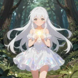 full body cute bombshell anime waifu woman with white floating hair, pearlescent white magical girl dress. holding tiny glowing star. isekai enchanted forest, symmetrical face. symmetrical detailed defined eyes. beautiful lineart. pixiv # 1 ranking depth of focus, chromatic aberration, noise, soft lighting, srgb, 4 k, by rembrant, kuvshinov, and ross tran