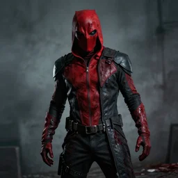 red hood cosplay, creepy, disturbing, bloody, darkness