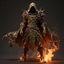 full character concept art, male ranger wearing a hooded cape made of vines, dark flowers, roots and thorns, detailed, fire, high quality, dynamic lighting, dark fantasy. artwork by artgerm, wlop, alex ross, greg rutknowski, alphonse mucha