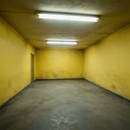 empty office space with putrid yellow walls and disgusting fluorescent lights, creepy parallel universe