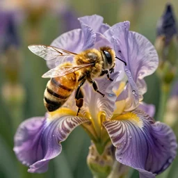 steampunk, honey bee, iris flower, realistic, maximum detail, 4 k, sunshine