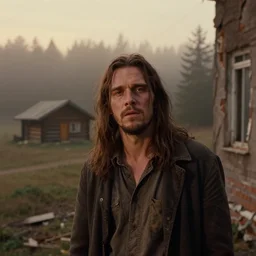 medium shot portrait bust of christian bale from the movie thinner, torn down apartment, tired expression, faded color film, russian cinema, mario testino, tarkovsky, technicolor, heavy forest, wood cabin in distance, shallow depth of field, long brown hair, old clothing, heavy fog, brown color palette, sunset, low light, 4 k, dramatic lighting