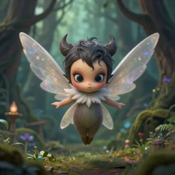 evil tinckerbell flying in an enchanted forest, flawless symmetrical pretty cute face, greg rutkowski, 8 k, shallow depth of field, intricate detail, concept art,