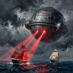 A beautiful matte painting of huge spherical alien spaceship attacking with powerful red lasers a Sailship in ocean in thunderstorm by Greg Rutkowski and Ivan aivazovsky