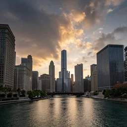 landscape photography by marc adamus, wide angle, chicago river, state street, summer, dramatic lighting, sunset, dramatic sky