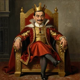 A still of Mr. bean depicted as a king on a throne, renaissance oil painting by Salvador Dali