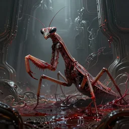 concept art by greg rutkowski, a hideous monster in the shape of mantis of twisted flesh and reddish ooze, claustrophobic and futuristic, brutalistic environment, scifi, detailed and intricate environment, high technology, highly detailed portrait, digital painting, artstation, concept art, smooth, sharp foccus ilustration, artstation hq.