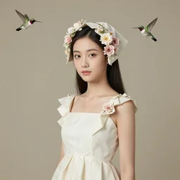 a beautiful girl wearing an origami dress eye - level medium shot, fine floral ornaments in cloth and hair, hummingbirds, elegant, by eiko