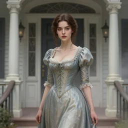 a beautiful brown - haired young woman with an sexy old dress of the 1 9 th century in in front of the exterior door of the addams family home, intricate, elegant, highly detailed, digital painting, artstation, concept art, smooth, sharp focus, illustration, ethereal, misty, by ilya kuvshinov and jeremy mann, 8 k, octane render