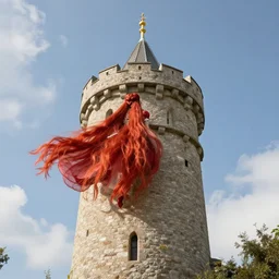 a ginger hair princess locked in tower very high up in the sky