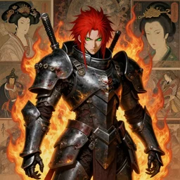 composition portrait of gothic and futuristic, warhammer, cyber japan style armor, more and more scars, firestorm, red head, green eyes, yellow and black, highly detailed, artstation, in the style of moebius, jugendstil and classic japanese print, art by jean delville and rene magritte