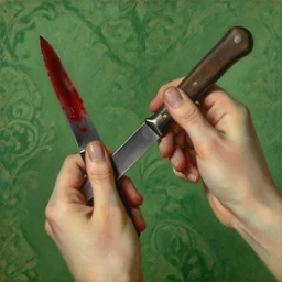 by 1 9 th century famous painter, hands, nail polish, blood smear, knife, realism, realistic, oil painting, green wallpaper background