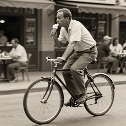 historical sepia photo of tom waits riding a bicycle with a big front wheel while eating an ice cream cone 8 k high resolution