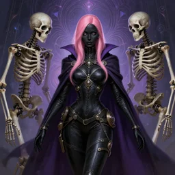 female steampunk necromancer, skintight black clothes, dark purple cape, cute, black skin, pink straight hair, accompained by robotic skeletons, high fantasy, futuristic fractal background, dnd, highly detailed, two arms, detailed face, smooth, sharp focus, digital painting, by artgerm and greg rutkowski and alphonse mucha