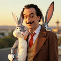 salvadore dali cosplay bugs bunny, art by wgreg rutkowski. during golden hour. extremely detailed.