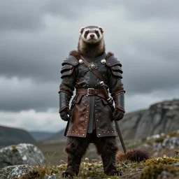 ferret warrior, furry, fantasy, viking, high detailed, photography, cloudy, lightweight leather armour, scandinavia, plain, detailed face, look into the distance, serious face, full body, in full growth, professional photographer, masterpiece, 5 0 mm, extremely detailed, 8 k