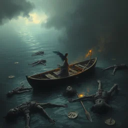 1 woman on one boat floating bodies of the dead, dark mythic fantasy, art by anders zorn, wonderful masterpiece by greg rutkowski, intricate, elegant, highly detailed, digital painting, artstation, concept art, smooth, sharp focus, illustration, eerie moody brooding beautiful cinematic, thomas lawrence, artgerm, mucha, greg rutkowski
