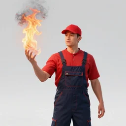 a man wearing a red shirt, red cap, throwing fire by the hand, professional, overalls, pic, outside, photo, render