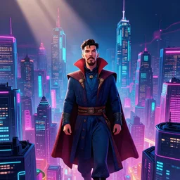 cityscape, ( ( ( doctor strange ) ) ), vaporwave, synthwave, glowing neon lights, detailed illustration, octane render, god rays, intricate, epic lighting, cinematic composition, hyper realistic, 8 k resolution, unreal engine 5, by artgerm, tooth wu, dan mumford, beeple, wlop, artstation