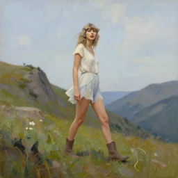 taylor swift on the side of a mountain, oil painting, landscape low - angle