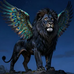 black lion, peacock wings, night sky, by michael whelan and james gurney, epic, fantasy illustration, intricate, hyper detailed, concept art, smooth, sharp focus, vibrant, photorealistic, digital painting