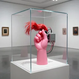 a pink wax sculpture of a hand holding red hair with an absurd machine and cables in a plexiglass box in an empty contemporary art gallery, in the style of paul thek, 1 9 7 9, colors, leica