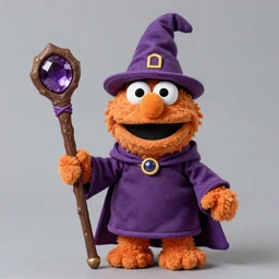 foxfolk wizard druid as a fluffy chibi muppet plush wearing a wizard cloak and holding a staff made from a stick with an amethyst gemstone tied at the top, photorealistic, photography, national geographic, sesame street