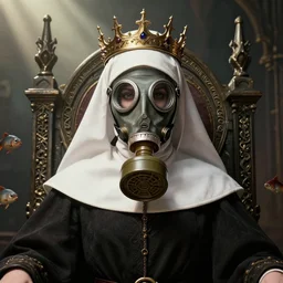 highly detailed closeup portrait of a goth medieval nun wearing a crown and a gas mask sitting on a throne, nicoletta ceccoli, mark ryden, lostfish, global illumination, god rays, detailed and intricate environment