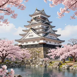 beautiful, japanese castle set amongst cherry blossom trees, moat, by victo ngai, highly detailed, illustration, vibrant