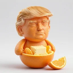 edible donald trump made of orange skin for hair, butter and orange pieces for the face, blueberries for the suit, from the beautiful'food art collection ', dslr