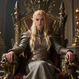 the elder scrolls vi, charismatic rega blonde high elf female jarl, portrait, throne room, atmospheric lighting, painted, intricate, volumetric lighting, beautiful, daytime, sunny weather, slight overcast, sharp focus, deep colours, ultra detailed, by leesha hannigan, ross tran, thierry doizon, kai carpenter, ignacio fernandez rios