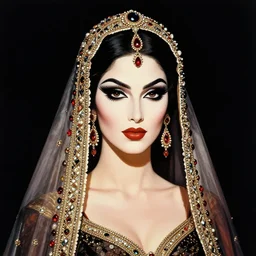 female indian vampiress, jeweled veil, heavy mascara, strong line, saturated color, beautiful! coherent! by frank frazetta, high contrast, minimalism