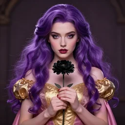 beautiful princess in gold and pink dress, purple hair,, in her hands a black flower, soft lights ,symmetrical portrait, high quality, cinematic by WLOP and Rossdraws, character concept art. Epic composition, hyperrealism, award winning artwork,realistic hair, trending on artstation, high quality printing, fine art with subtle redshift rendering