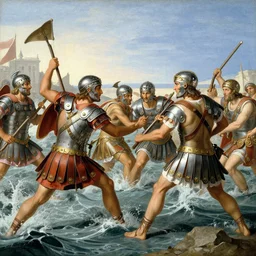 Roman legion doing battle with the ocean, classicism, romanticism, Renaissance, artwork
