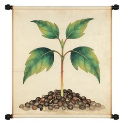 ancient japanese scroll, ink drawing, colorful, seed growing into plant ernst haeckel