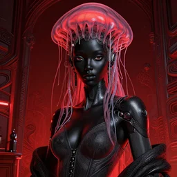 portrait of an absurdly beautiful, graceful, sophisticated, fashionable black cyberpunk mechanoid gravure idol, hyperdetailed illustration by irakli nadar, matt wisniewski style, intricate linework, fashion photography, dark black porcelain skin, jellyfish headdress, brown eyes, unreal engine 5 highly rendered, red light, detailed and intricate environment