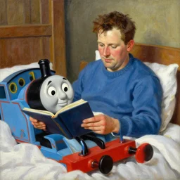 portrait of max headroom reading a bedtime story to thomas the tank engine in bed, an oil painting by ross tran and thomas kincade