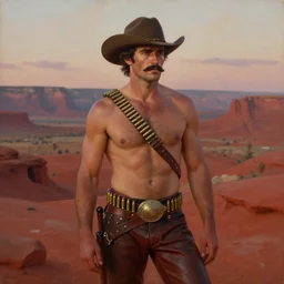 an ethereal, dreamlike painting of a handsome mustachioed shirtless cowboy with a bandolier surrounded by brass bullet casings | he is wearing pauldrons, and leather pants | red desert mesa background at twilight | by bill ward, by tom of finland, by clyde aspevig, by thomas moran | trending on artstation
