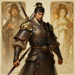12th century Chinese warrior, highly detailed, digital painting, cgsociety, concept art, sharp focus, illustration, art by artgerm and greg rutkowski and alphonse mucha