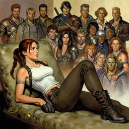 Lara Croft relaxing, Richard Corben, Mark Arian, Wayne Barlowe, Boris Vallejo, Julie Bell, Zdzisław Beksiński, Ed Binkley, Mark Brooks, Jean Delville, Larry Elmore, Frank Frazetta, Greg Hildebrandt, Tim Hildebrandt, Alex Horley, Ralph Horsley, Peter Andrew Jones, Eddie Mendoza, Earl Norem, Greg Rutkowski, Michael Whelan, Artgerm