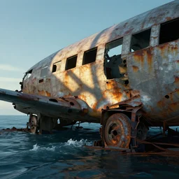 a rusty plane crashed in the bottom on the ocean, the scene is illuminated by the light coming from the interior of the plane, through the windows, artstation, digital art