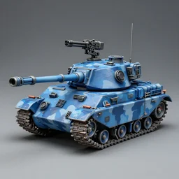 a futuristic battletank with blue camouflage paint, double barreled main gun, heavy machinegun on top, detailed painted games workshop miniature