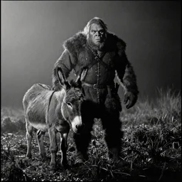 a movie still by tarkovsky of a big ogre in medieval clothes with one donkey in a swamp mossy, by night, cinestill 8 0 0 t 3 5 mm b & w, heavy grain, high quality, noir, natural textures, photorealistic, ambient occlusion, hd, mud, fog, criterion collection